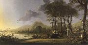 Aelbert Cuyp, river landscape with horsemen and peasants